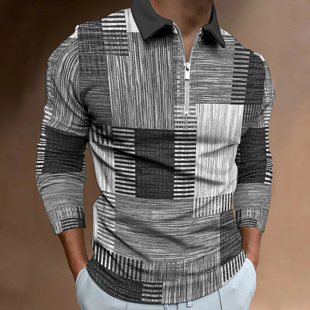 Summer Men's Long Sleeved Polo Casual Digital Printed Top Fashionable Lapel Polo Machine Washable