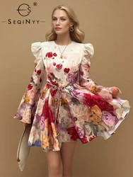 SEQINYY Casual Mini Dress Summer Spring New Fashion Design Women Runway Vintage Red Flower Print High Street Belt Holiday