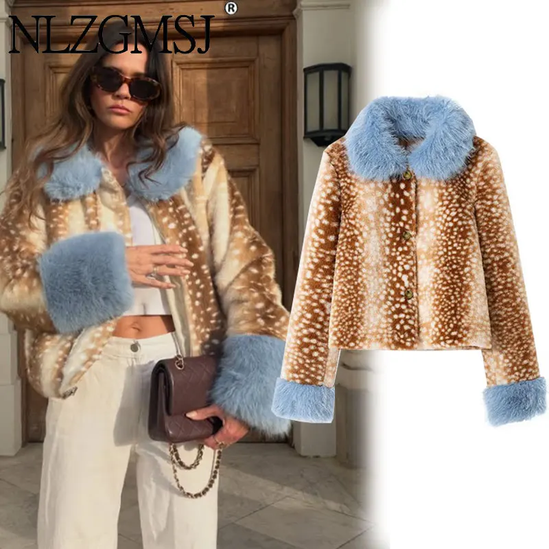 Nlzgmsj 2026 Winter Women Deer Print Faux Fur Jacket Contrast Blue Furry Collar Cuffs Winter Warm Short Streetwear Outerwear