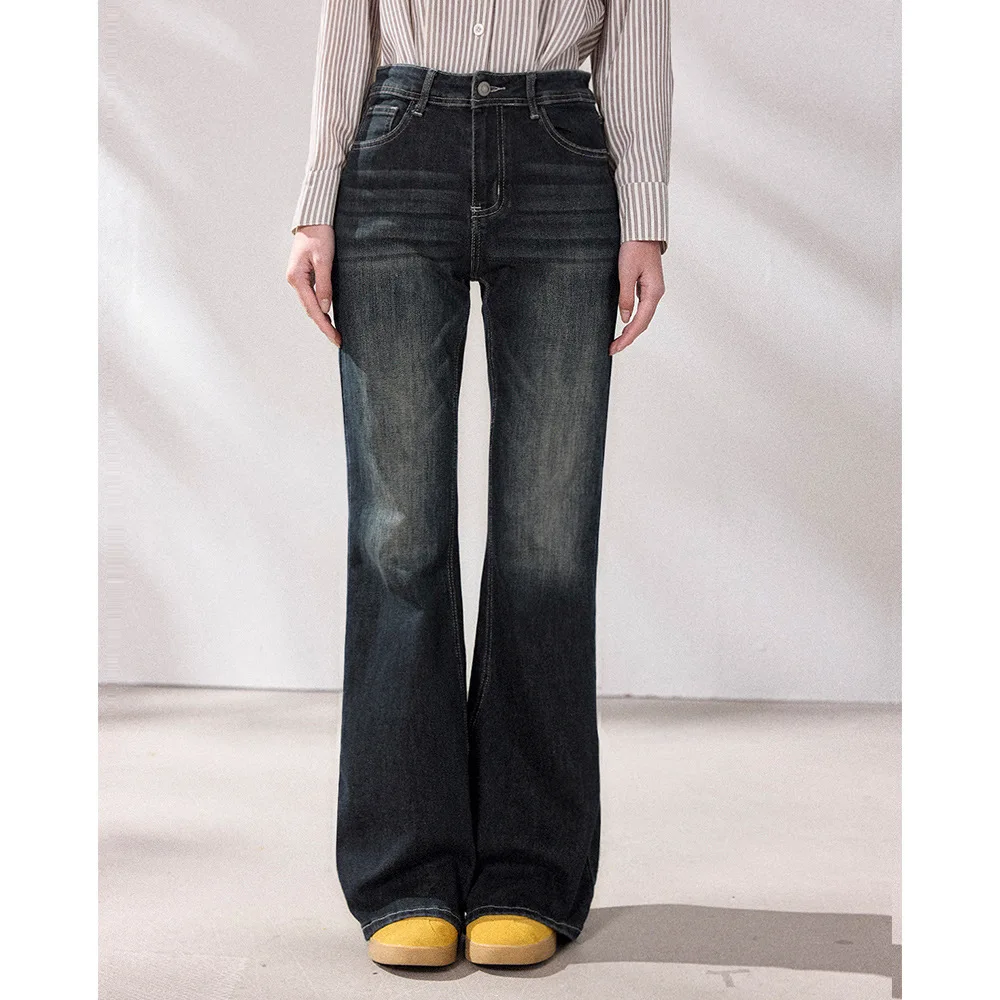 

engdu Spring New Vintage American Sle Worn-in Deep Blue Slim Fit Micro Flared Floor-Length Denim Jeans Women's Low Waist ...