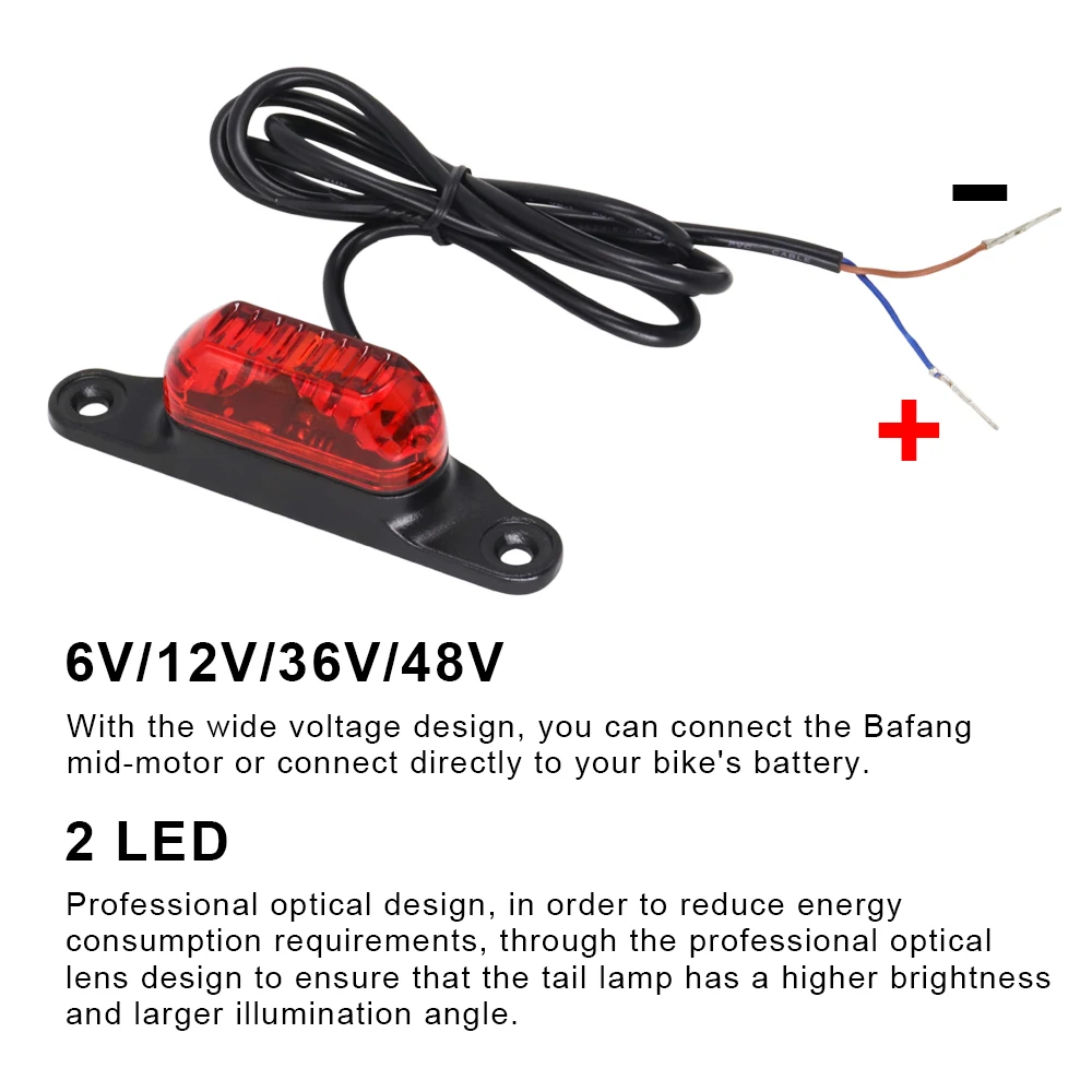 A luz traseira vermelha para a bicicleta elétrica, 2 conduziu a luz, consumo da baixa potência, 6v 36v 48v