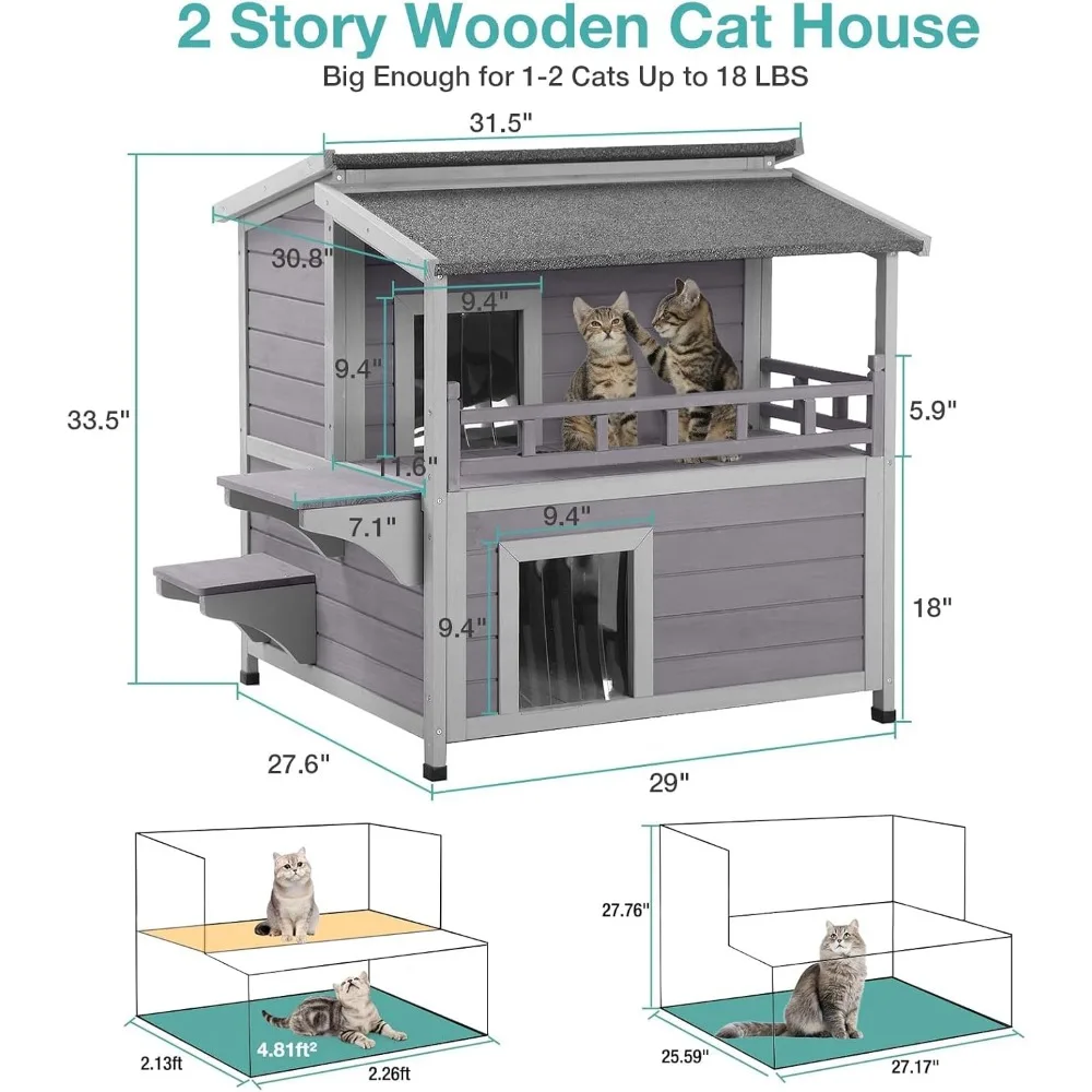 Casa para gatos al aire libre aislada, refugio para gatos resistente a la intemperie para invierno con forro calefactable de espuma, casa para mascotas exterior de 2 pisos, jaula para gatitos