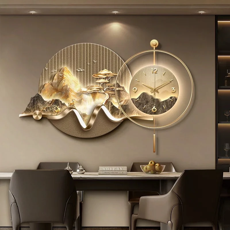 Landscape Decorative Painting Wall Clock High-end Living Room Digital Clocks Villa Mute LED Wall Watch Home Decor Quartz Clock