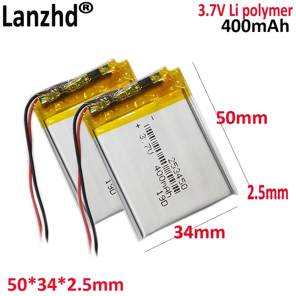 

253450 3.7V 400mAh ultra thin Lithium Polymer LiPo Rechargeable Battery cells For Mp3 GPS smart watch speaker