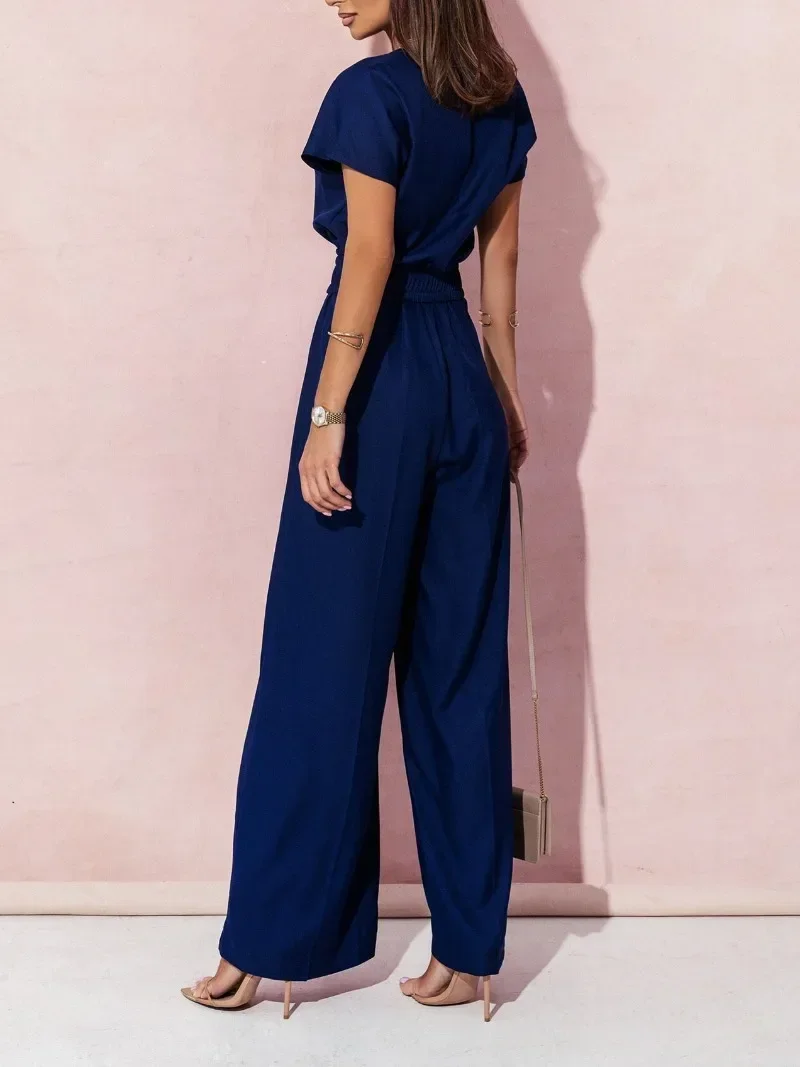 Spring Summer Women\'s Fashion V-neck Short Sleeve Jumpsuit Ladies  Casual Belt Solid Color Jumpsuit