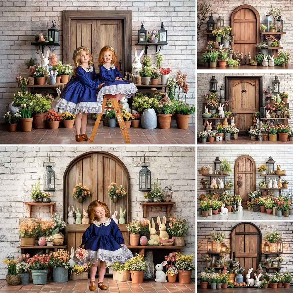 

Mocsicka Easter Background Spring Garden Rustic Wooden Door Bunny Backdrop Decor Kids Family Photozone Studio Photography Props