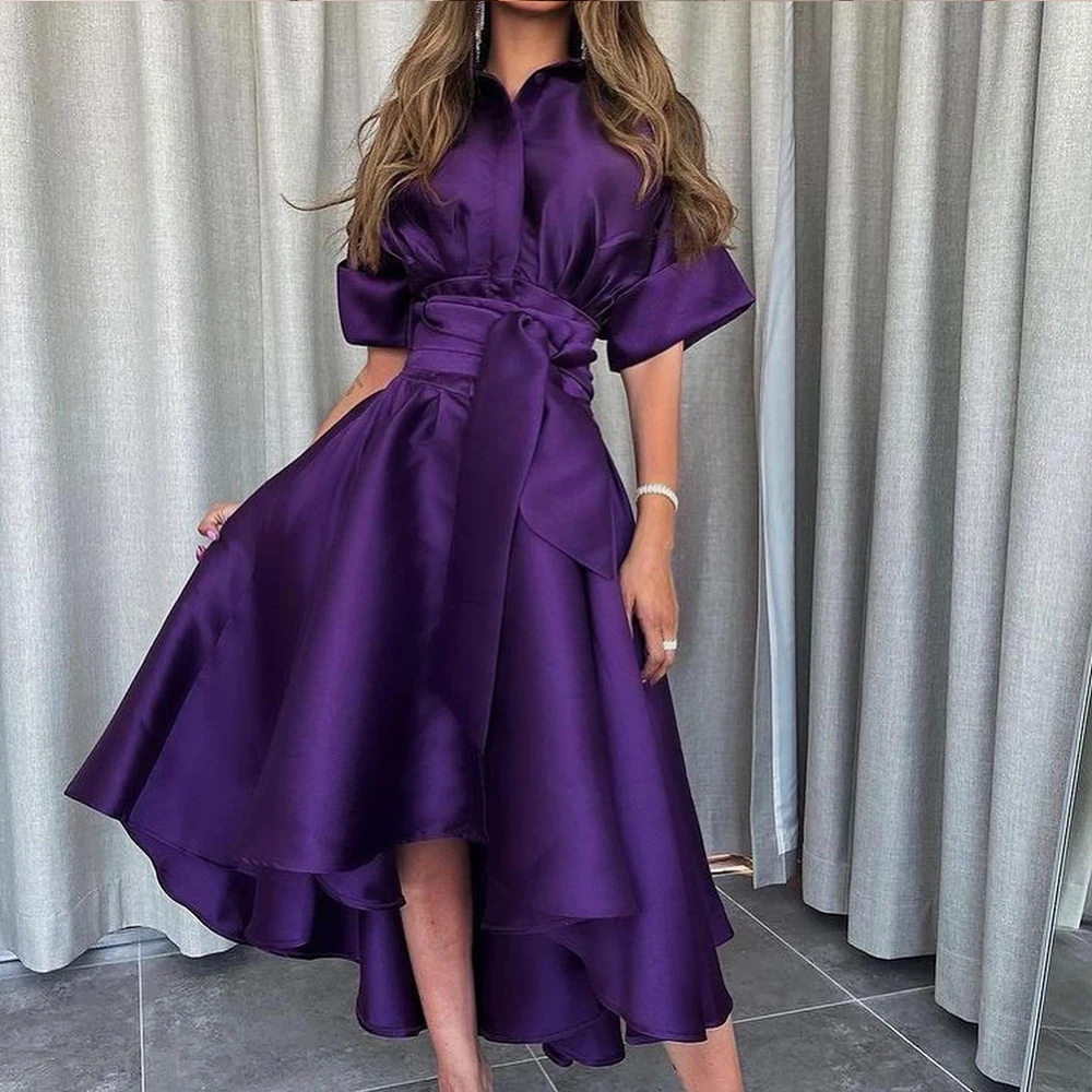 

Pure color Purple Satin Half Sleeves High Collar Straight Tea Length Evening Dress Simple Pleats Saudi Arabia Prom Gowns 2024