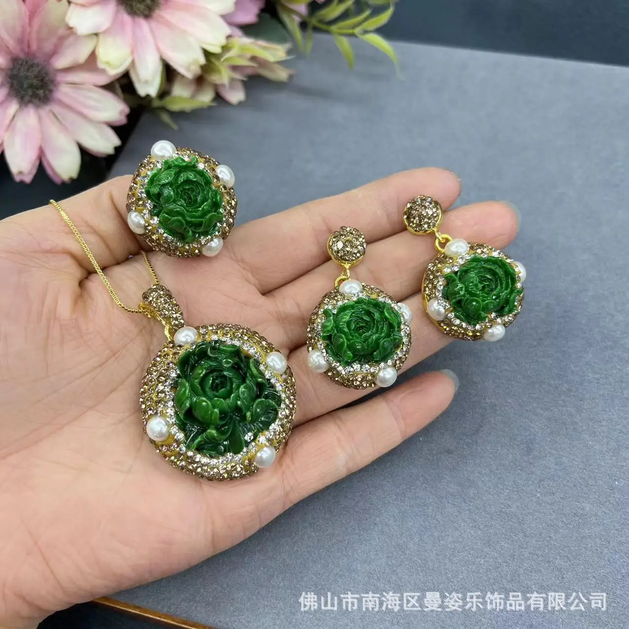 DIY accessories Internet celebrity live broadcast new national air-dried cyan peony inlaid pearl set engraved medieval jewelry n
