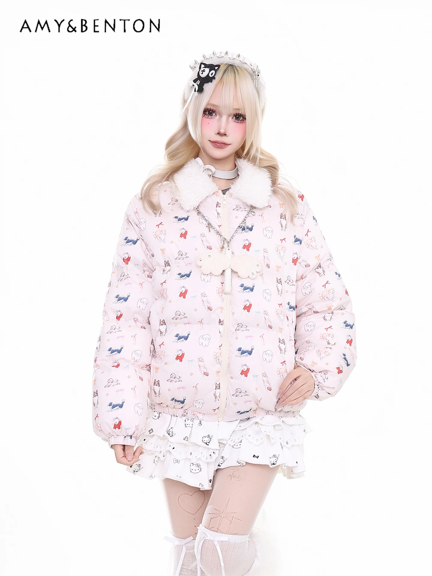 

Japanese Sweet Cute Cartoon Print Pink Cotton Jacket for Women Winter Thickened Warm Casual Short Fur Collar Cotton Coat