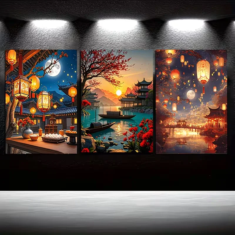 3Pcs DIY Frameless Diamond Painting Chinese Water Town Moonlit Night Full Drill Triptych Mosaic Diamond Embroidery Cross Stich