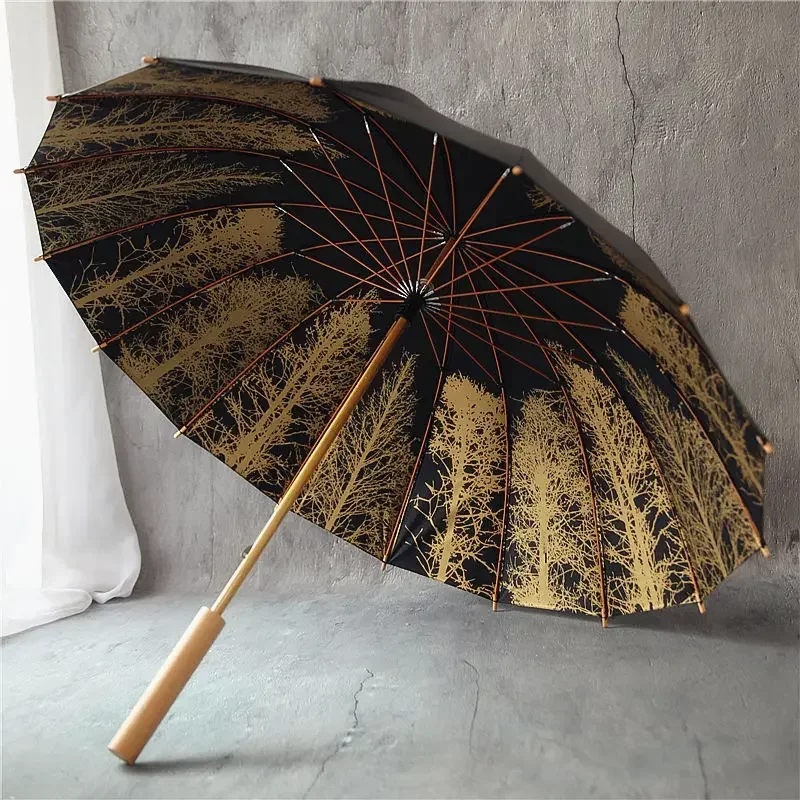 Parapluie en caoutchouc noir résistant aux UV, protection solaire transparente, longue poignée, tige droite, style chinois ancien, umb