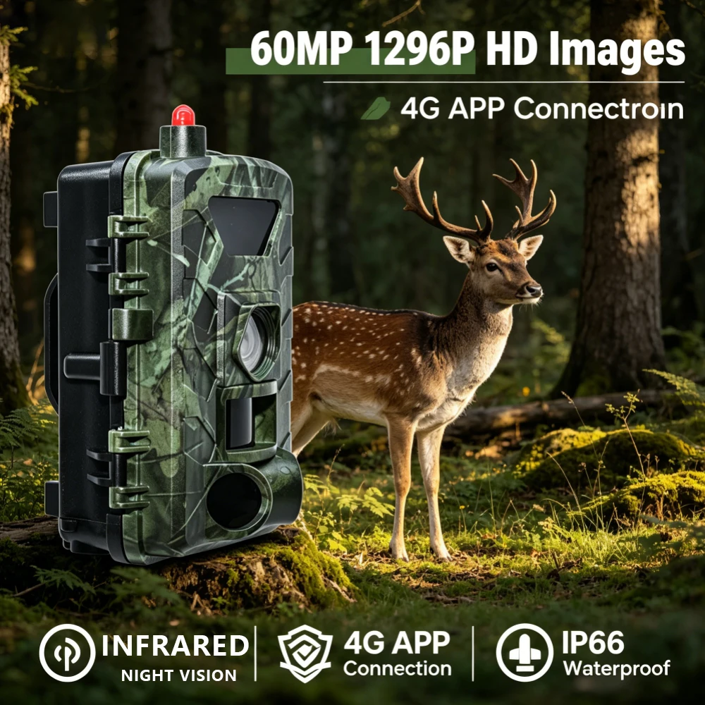 camera-de-vision-nocturne-infrarouge-4g-60mp-1296p-hd-avec-visualisation-a-distance-via-application-etanche-ip66-adaptee-a-la-surveillance-de-la-securite-forestiere-et-a-l'observation-de-la-faune-sans-batterie-carte-memoire