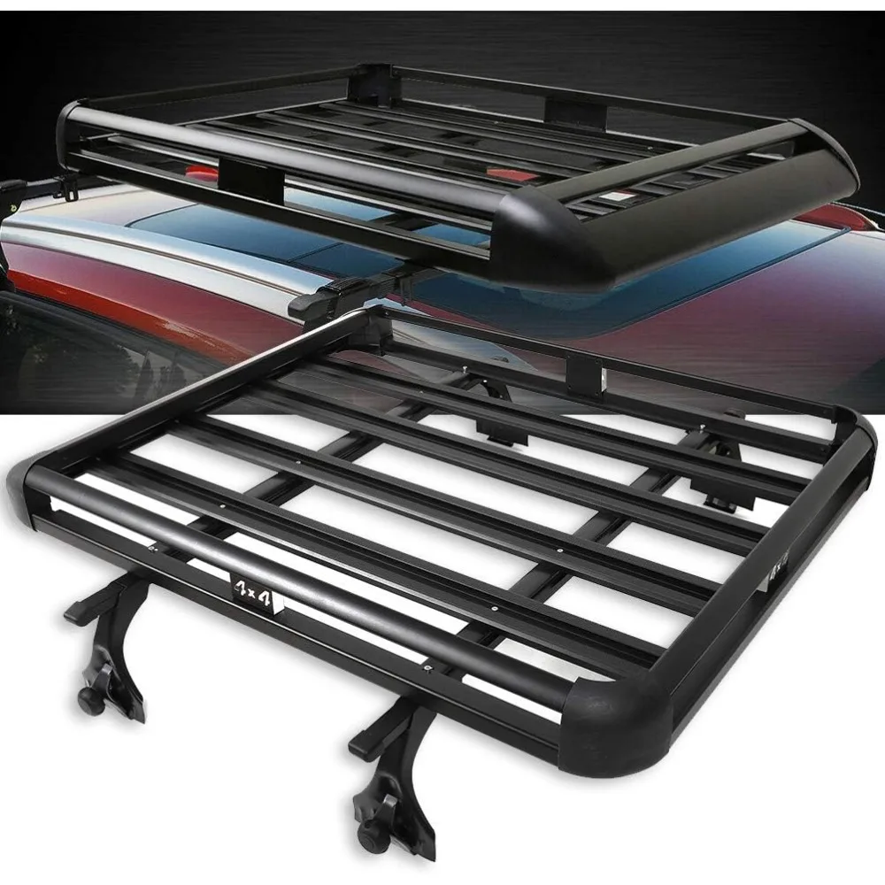 

50"X 38"Aluminum ROOF Rack SUV TOP Cargo Luggage Carrier Basket + 48" RAIN GUTTERS MOUNTS CROSSBARS Black