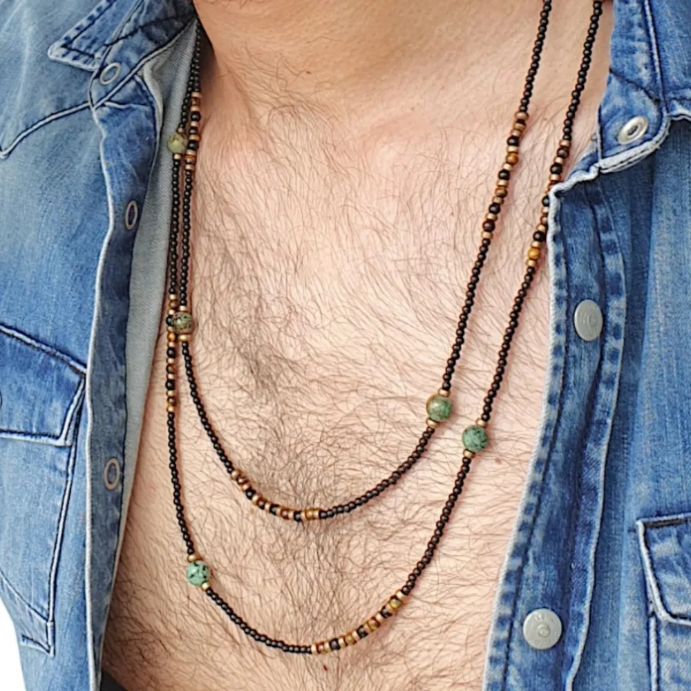 Collar de piedra africana de estilo étnico Retro para Hombre, Collar Hippie bohemio de doble capa con cuentas, joyería Tribal para Hombre