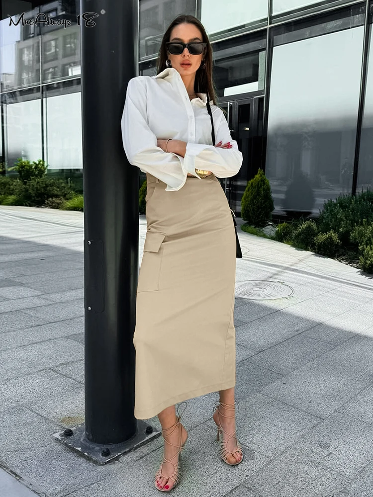 

Mnealways18 Khaki Elegant Cargo Skirts Autumn 2024 Pleated Women's High Waist Straight Skirts Winter Office Ladies Long Skirts