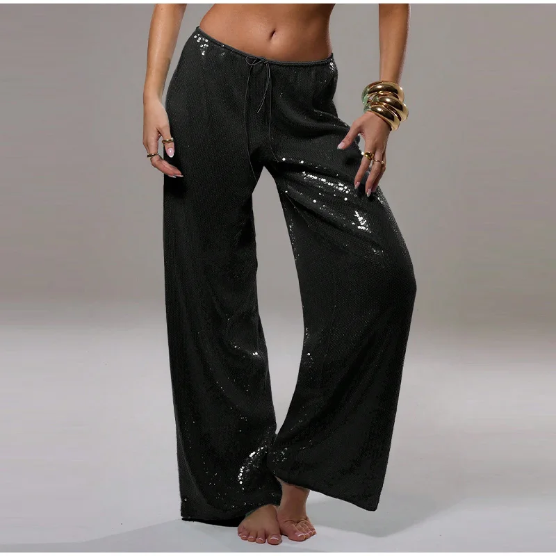 Solid Sequined Straight Pants Loose High Waist Wide Leg Trousers Lady Summer Chic Y2K High Street Pants