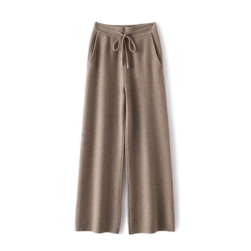 New Autumn Winter Women 100% Pure Cashmere Pants Soft Comfortable High-Waist Knitted Female Solid Color Thicken Wide Leg Pant