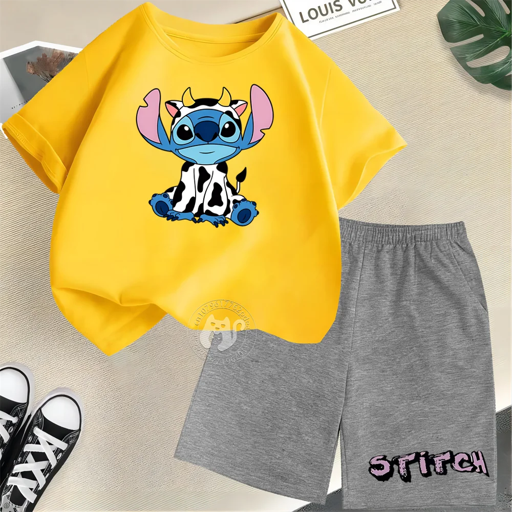 Disney Cartoon Print Summer Kids crew-neck T-shirt + Shorts set for boys and girls 2-12 years old short sleeve suit for teens