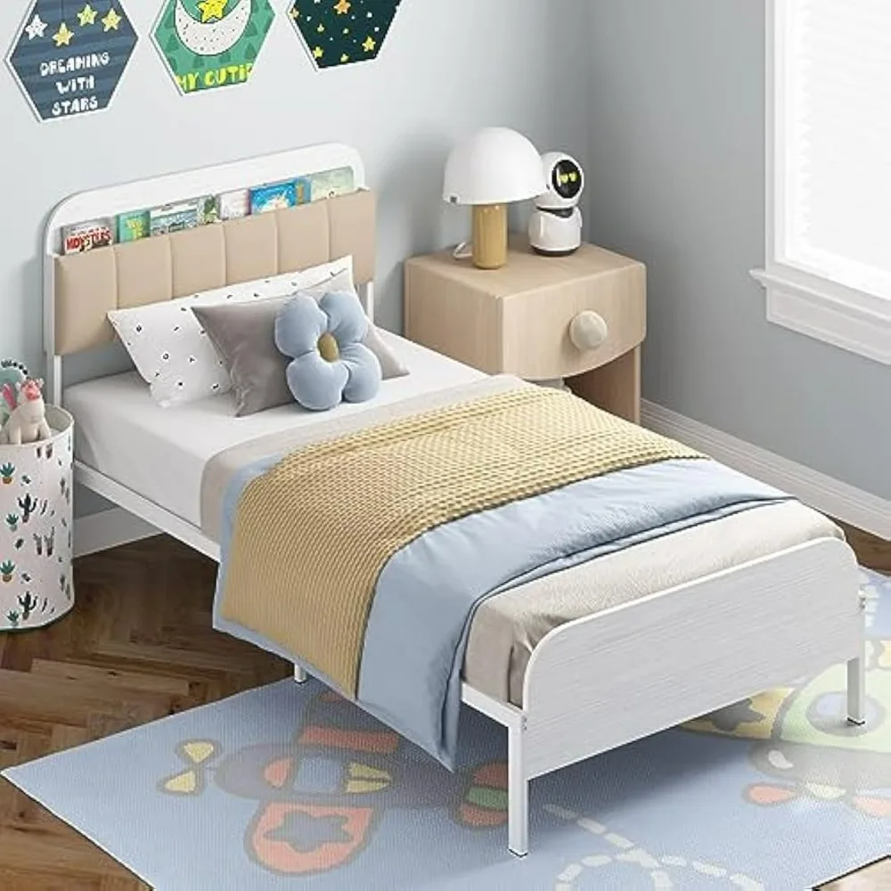 Kids Twin Bed Frame with Bookcase Headboard, Metal Platform Bed Frame with Upholstered Headboard, No Box Spring Needed, White