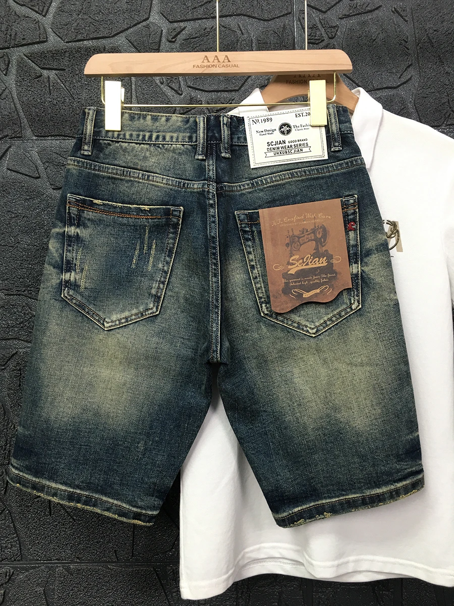 Heavyweight Distressed Scratch Washed Denim Shorts High Quality Summer American Vintage Slim Straight Half Jeans Y2k Youth Male