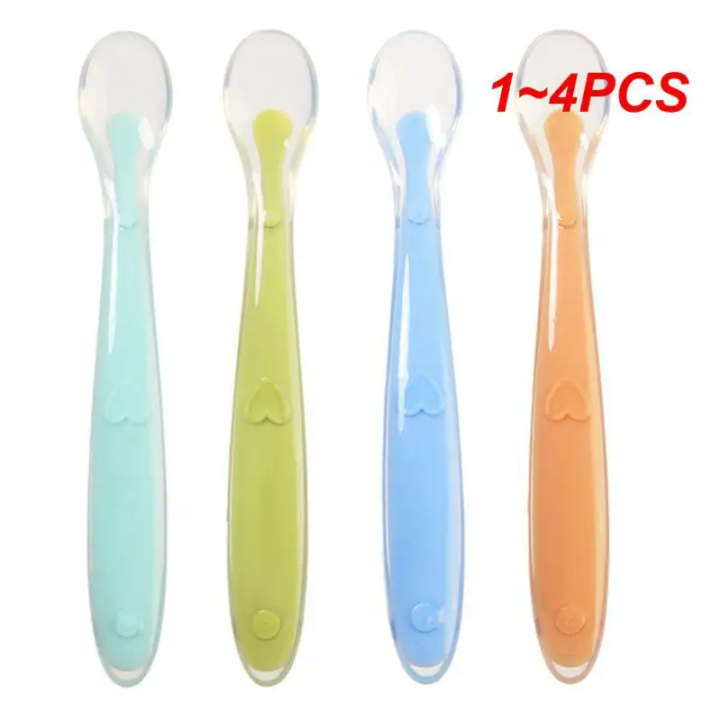 1~4PCS Children Silicone Soft Spoon Baby Food Supplement Tools Rice Paste Spoons Temperature Sensing Tableware for Kitchen