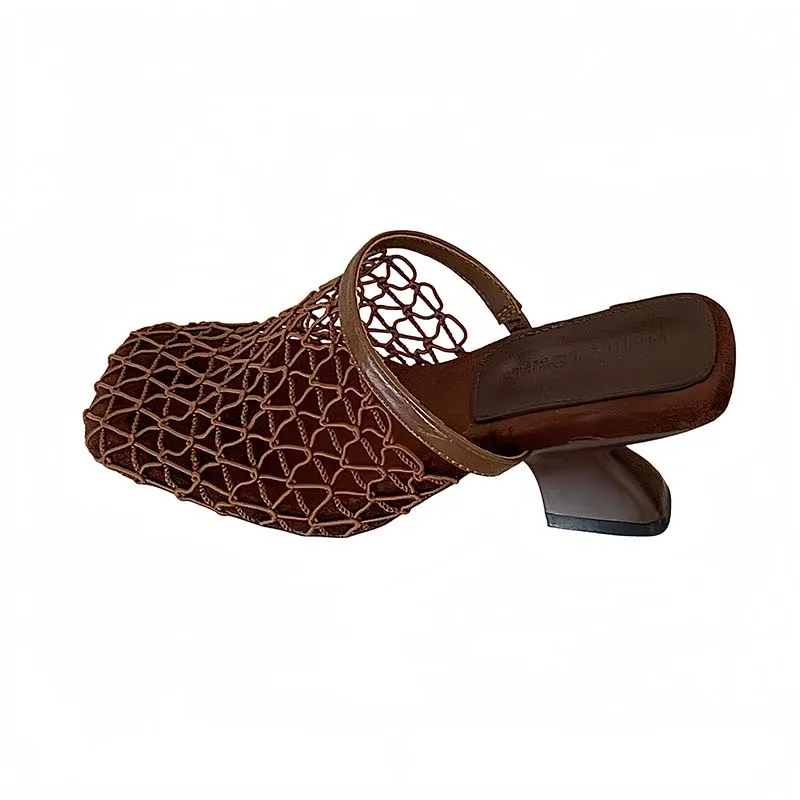 

Brown High Heels Close Toe Slingback Sandals Women Mesh Summer Shoes Black Low Heels Ladies Slippers Casual Sandales Femmes