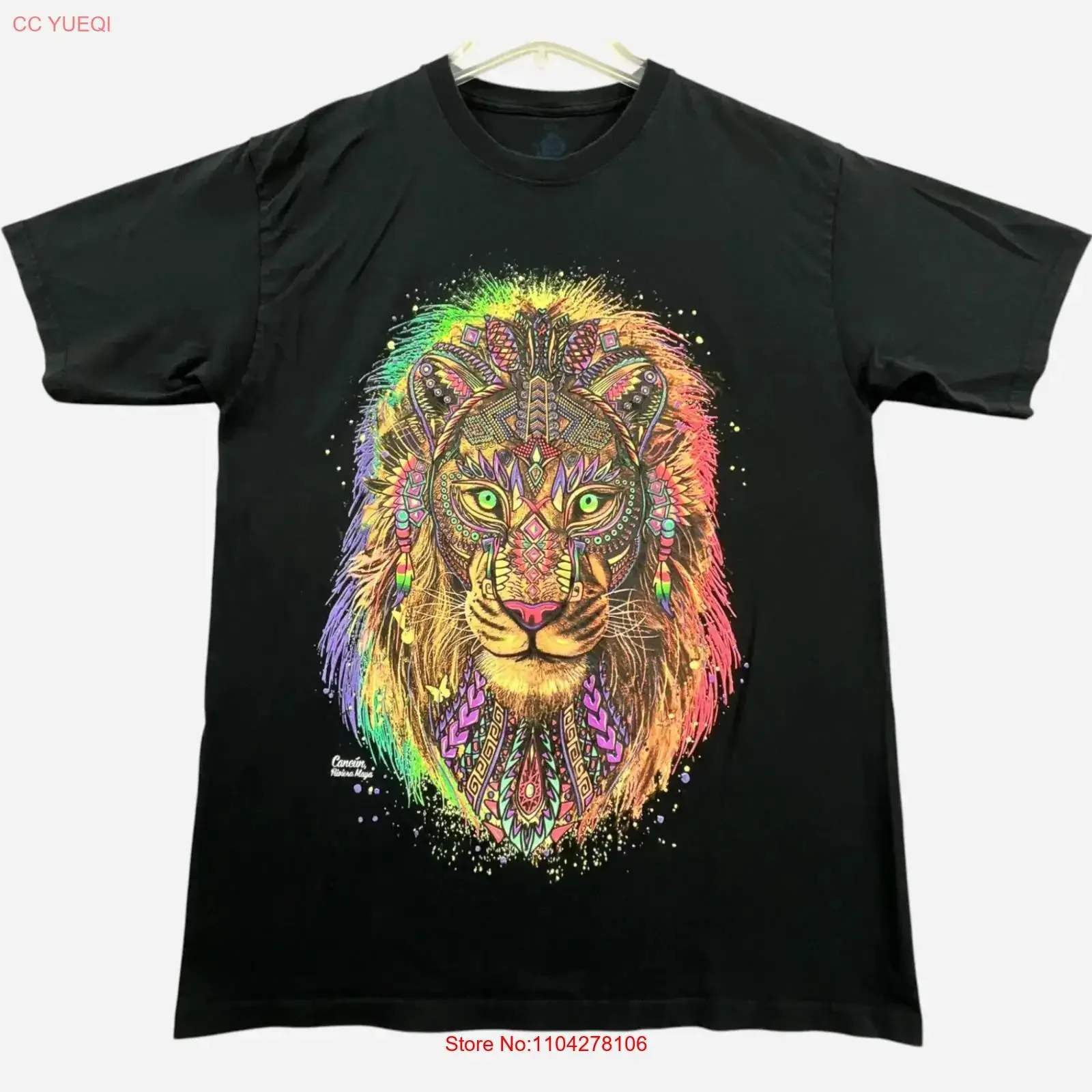 Mexican Aztec Lion T Shirt Mens Large Black Neon Painted Cancun Rivera vintage Washed fashion Breathable Unisex graphic