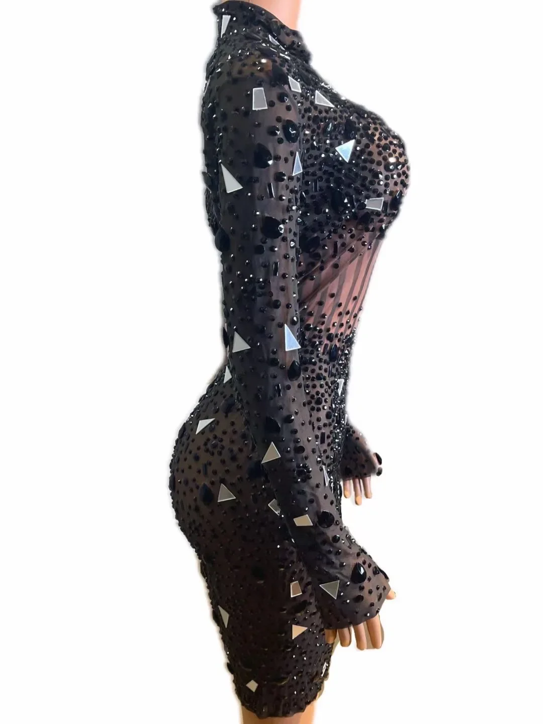 فستان نسائي أسود لامع 2026 مرآة مرصعة بأحجار الراين مثير بأكمام طويلة غمد ملابس الحفلات الراقصة أزياء مسرح الرقص #4