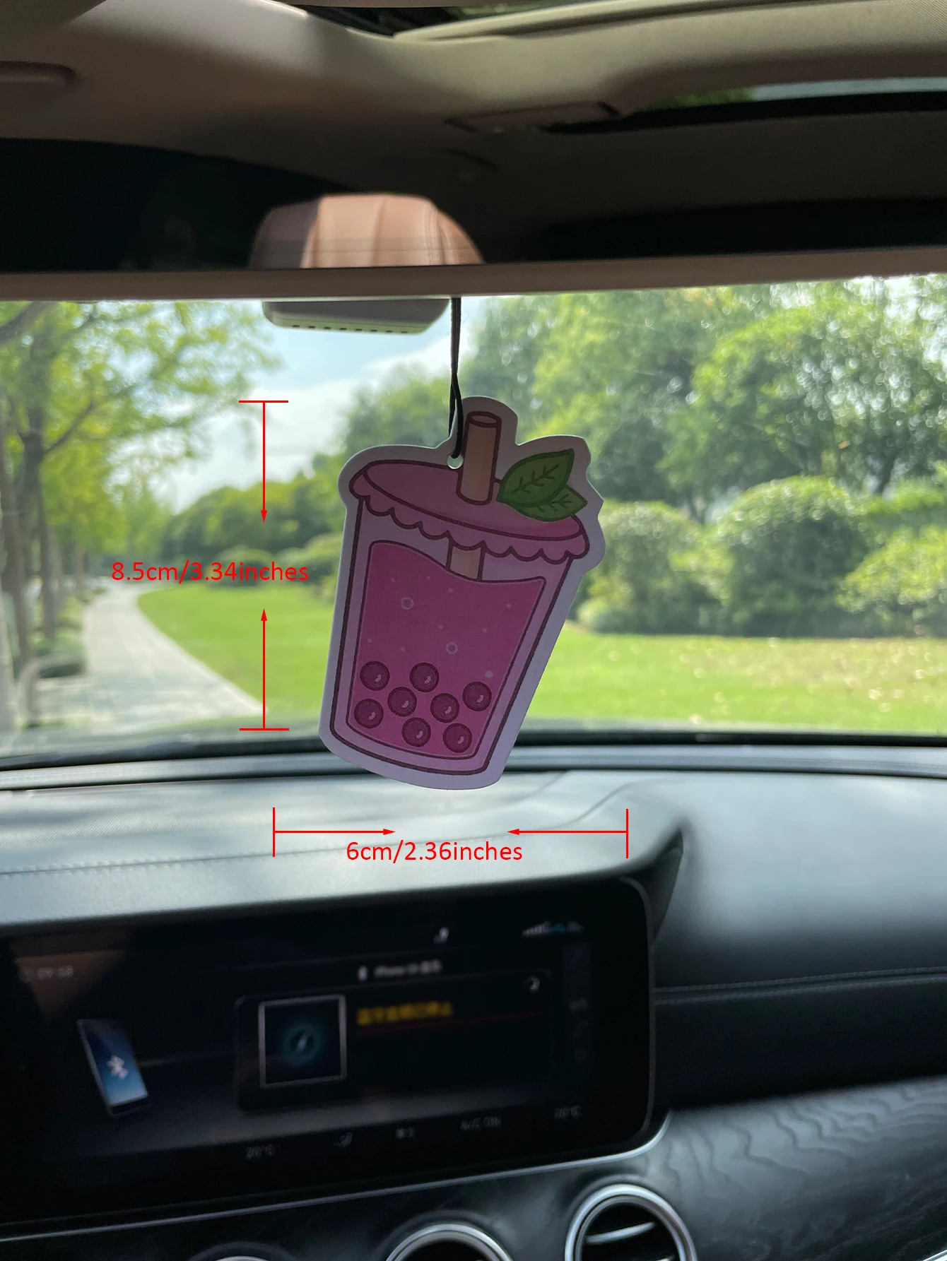Kawaii Pink Bubble Tea Hanging Car Air Freshener, Natural Plant Extract Fragrance Card, Alcohol-Free Non-Toxic, Long Lasting 60-