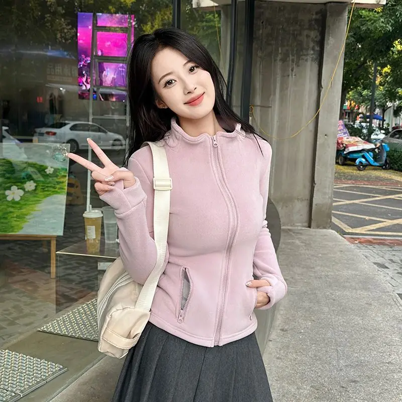 

Флисовый свитшот без шапки, женский американский стиль, лето, ранняя осень, защита от солнца, подходит для городского отдыха, минималистичный милый лоскутный GF