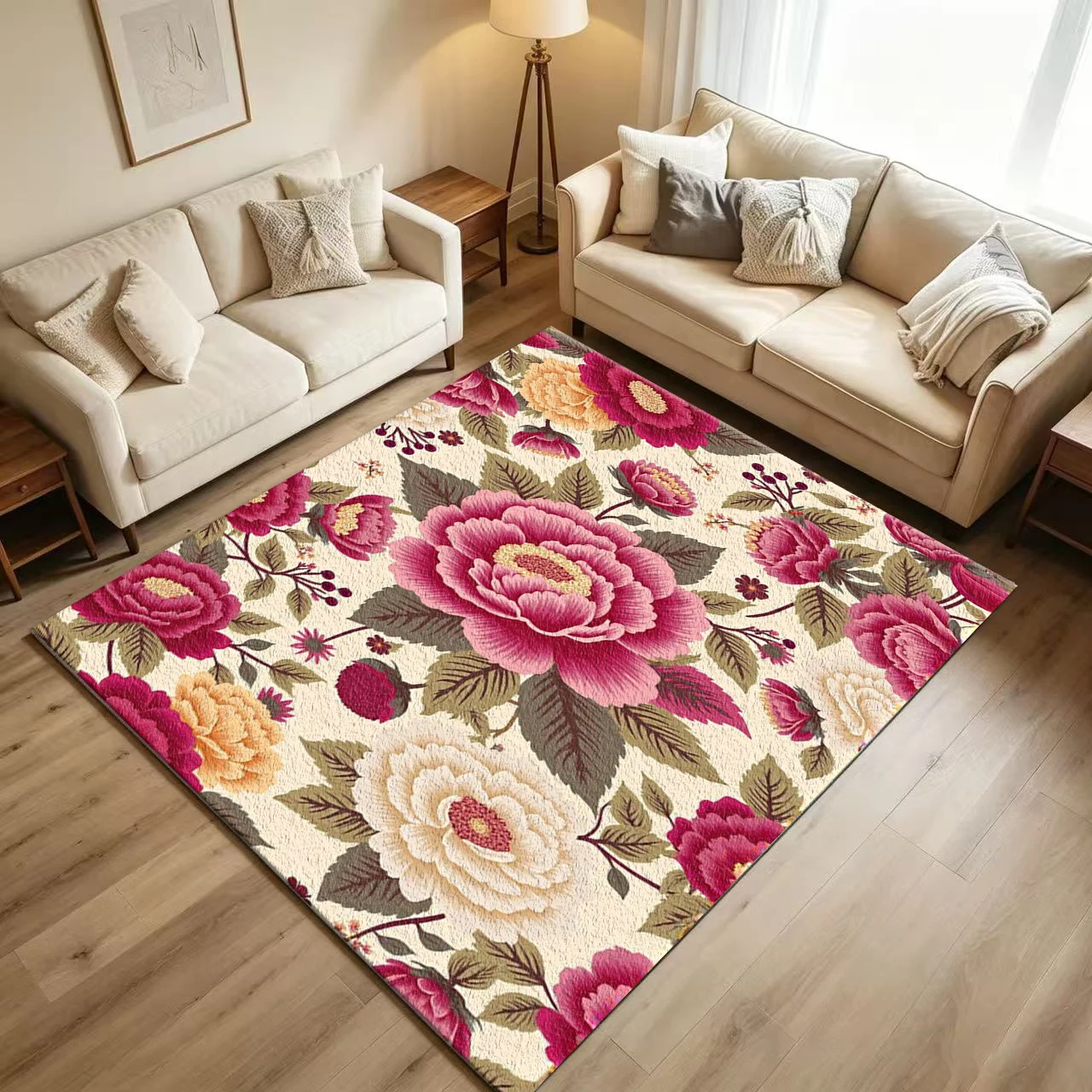Vintage Peony Floral Print Carpet Flooring Retro Botanical Large Flower Repeating Pattern Floor Rug for Household Living Room Home Interior Decoration