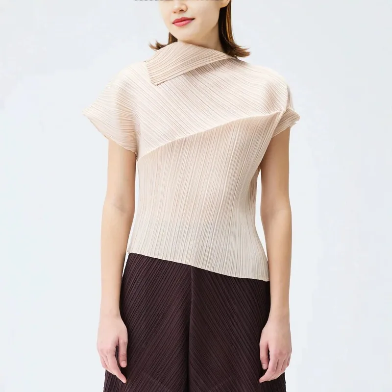 Miyake Pleated 2026 New T-Shirt Japanese Style Top Turn-Down Collar Loose Solid Color Fashionable Versatile Short Sleeve Pleat