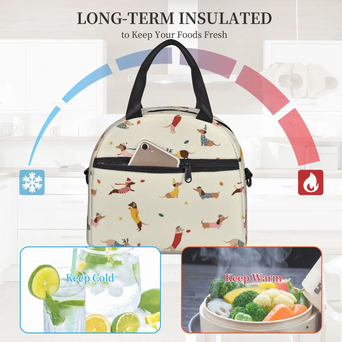 Autumn Dachshunds Product Insulated Lunch Bags With Adjustable Shoulder Strap Autumn Leaves And Dog Cooler Thermal Lunch Box