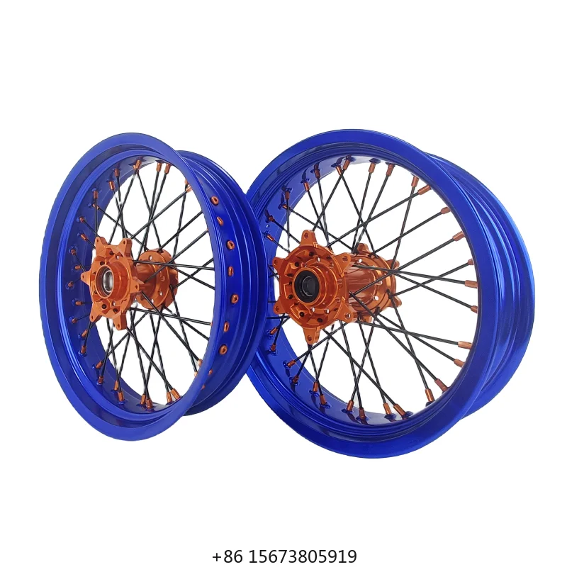 

Wholesale Fit KT M EXC SXF MC XC16/17/18/21 Inch Wheel Set Supermoto Wheels With Blue Rims and Orange Hubs