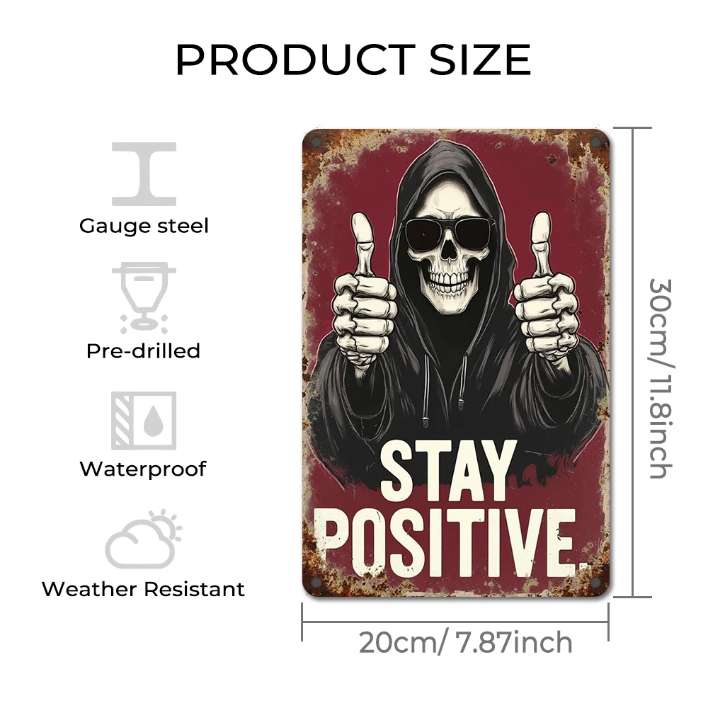 Płaski, metalowy znak ścienny w stylu vintage z czaszką \"Stay Positive\", łatwy do powieszenia na Halloween, do użytku na zewnątrz, w stylu farmhouse, do baru, idealny prezent, dekoracja.