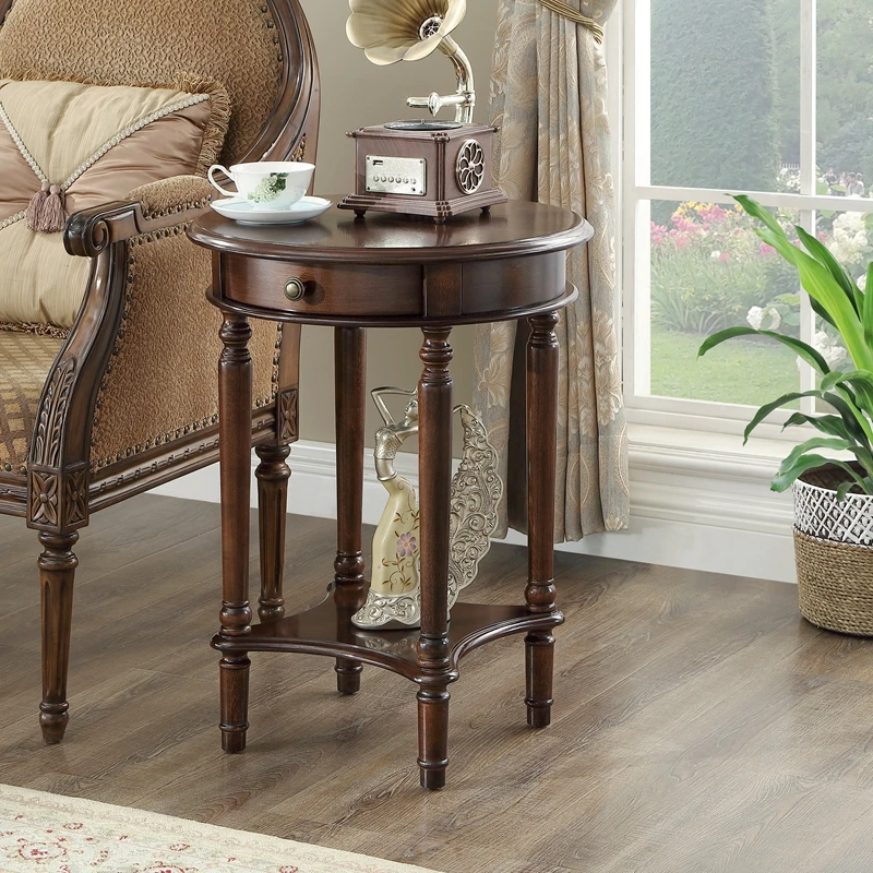 

Solid Wood Sofa Side Table, American Living Room Round Desk, European‑Style Coffee Surface, Casual Telephone Shelf for entryway