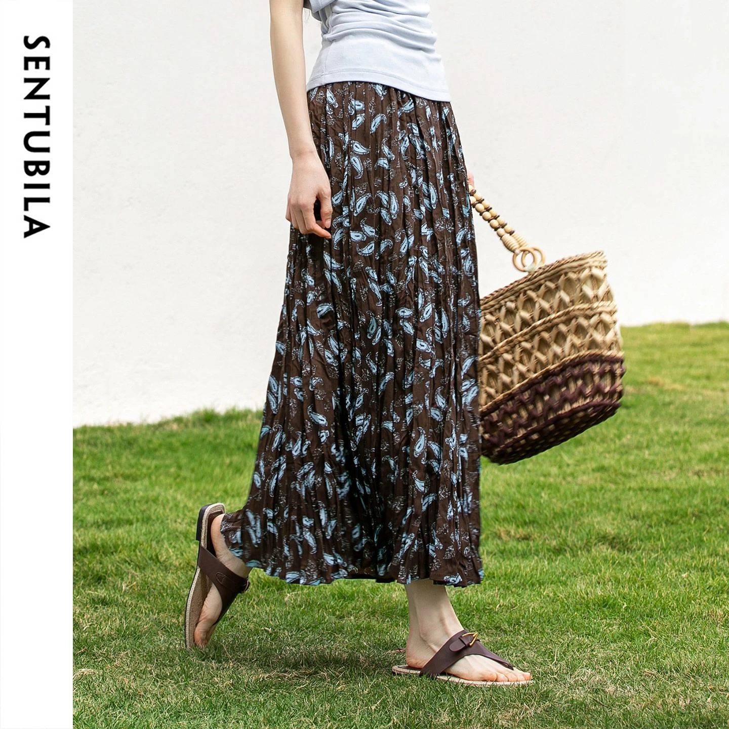 

SENTUBILA Women's Print Pleated Midi Skirt 2026 Spring Summer Straight Hem Elegant Skirts for Woman Ladies Clothes W61QF5798