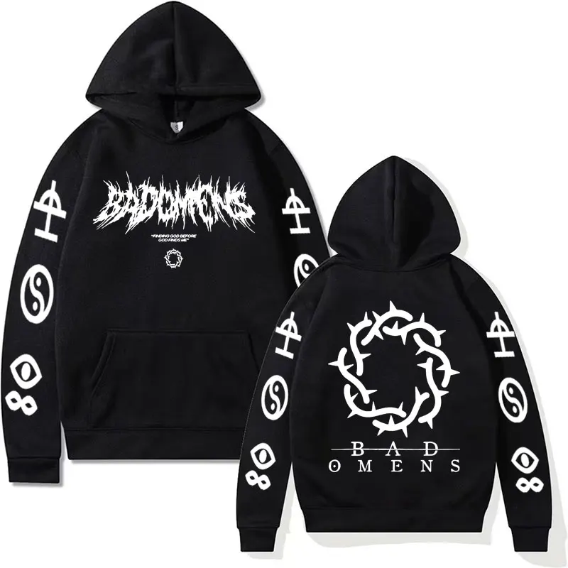 Mens Funny Bad Omens Band Logo Graphic Print Hoodies for Men Retro Fashion Pullovers Sweatshirts Unisex Casual Hoodie Streetwear