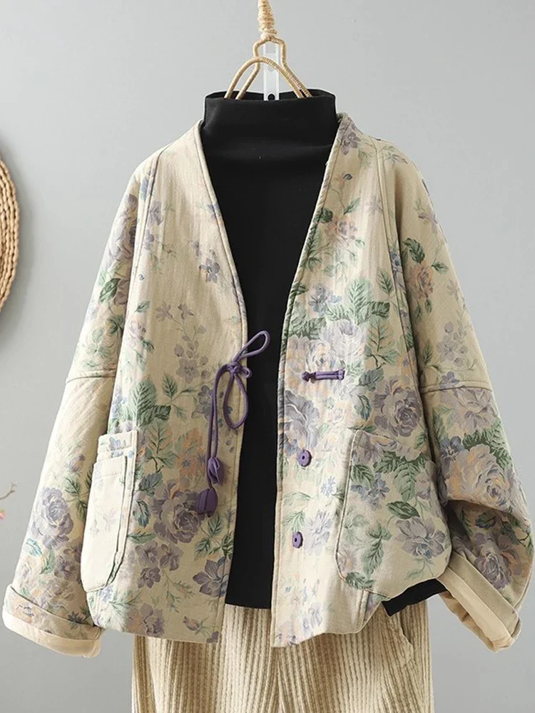 

Женская одежда, новые осенне-зимние парки большого размера в китайском стиле, винтажная стеганая верхняя одежда с литературным цветочным принтом, топы JJ828