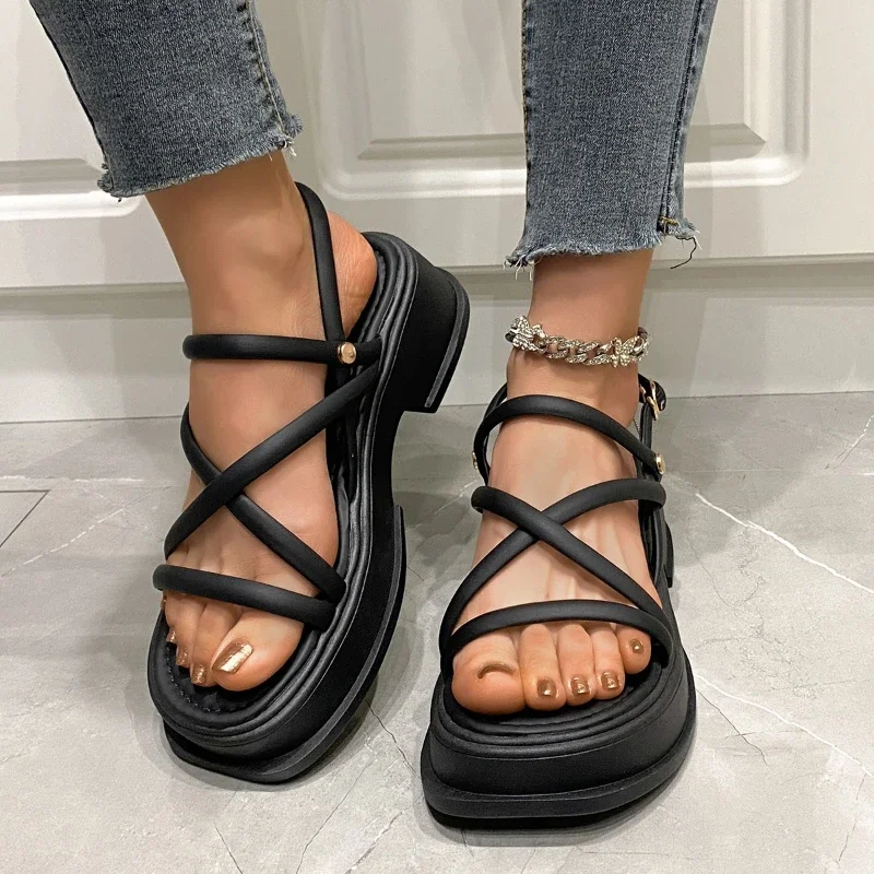 Women\'s Summer Chunky Platform Sandals Fashion Cross Strap Gladiator Shoes Woman Thick Bottom Wedge Heel Sandals for Women