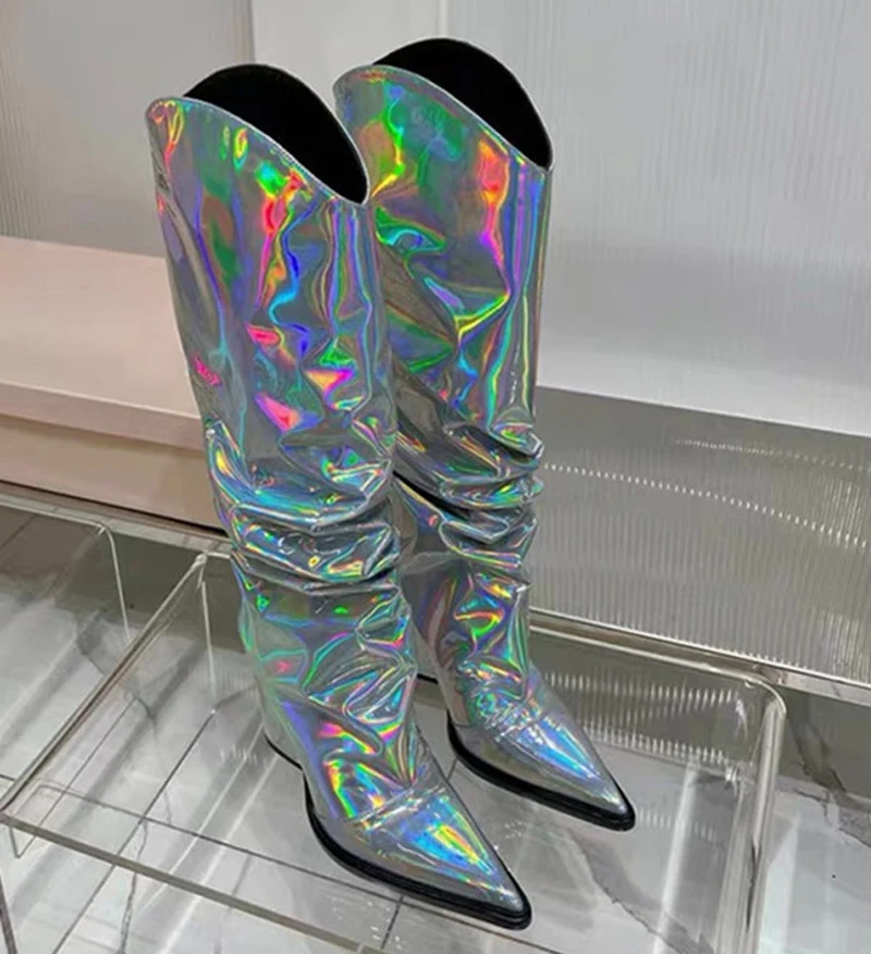

Laser Colorful Shiny Leather Slip On Knee Boots Pointed Toe Med Chunky Heels Tube Slip On Woman Bling Knight Boots