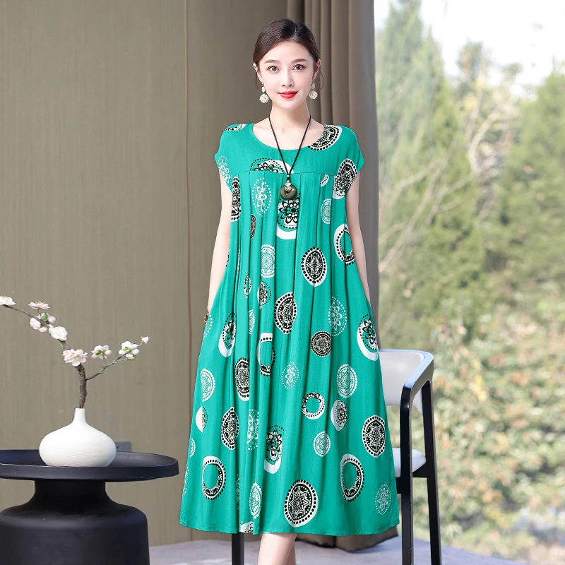 Neue Heiße 2023 Casual Vintage Sommer Baumwolle Silk Kleid Für Frauen Druck Blumen Kurzarm Oansatz Druck Elegante Kleider 4XL