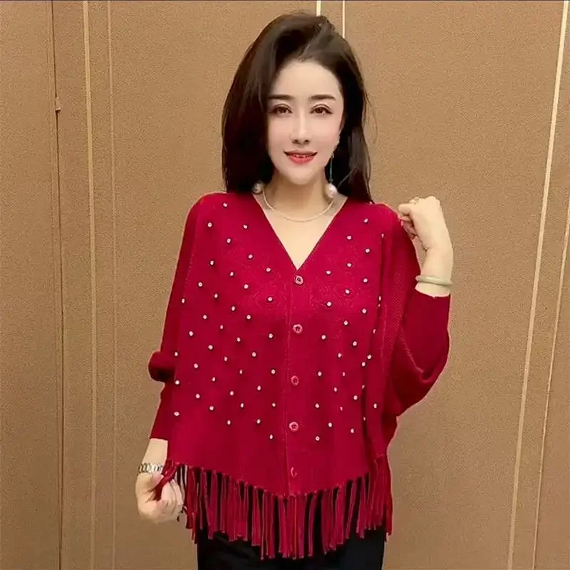 Women's Fringe V-Neck Batwing Sleeve Knit Cardigan Lazy Style Office Blouse Versatile Top