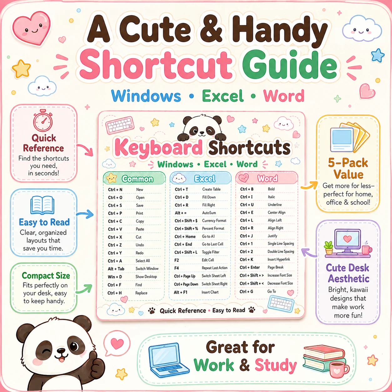 Cute Panda Pastel Keyboard Shortcut Stickers, 5-Pack Computer Quick Reference Guide for Work Study Desk, 9x9cm