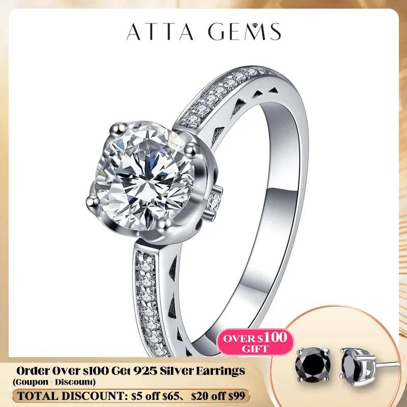 

ATTAGEMS 1ct 6.5mm Round Cut D VVS1 Moissanite 925 Silver Ring Diamond Test Passed Fashion Claw Setting Women Girlfriend Gift