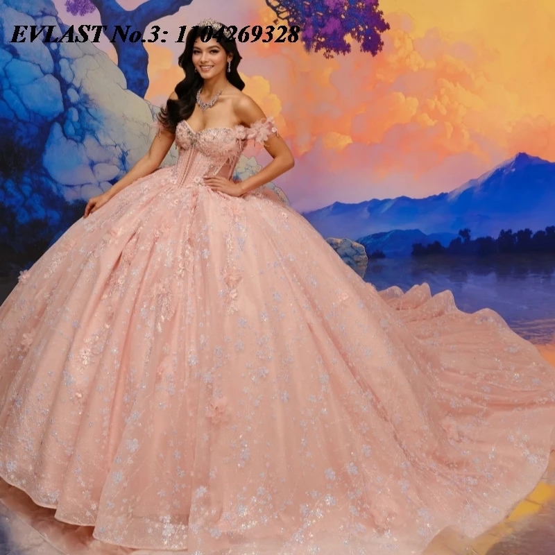 

EVLAST блестящее розовое платье Quinceanera по индивидуальному заказу, бальное платье с цветочной аппликацией и бисером, Sweet 16, Vestidos De 15 Anos E3Q822