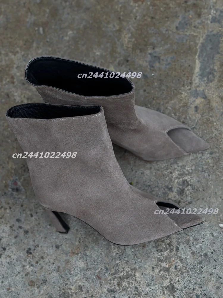 Botines de ante gris con punta abierta, tacón alto y fino, de cuero sintético, calzado de moda para mujer, con punta afilada y diseño corto, ideales para el uso diario.