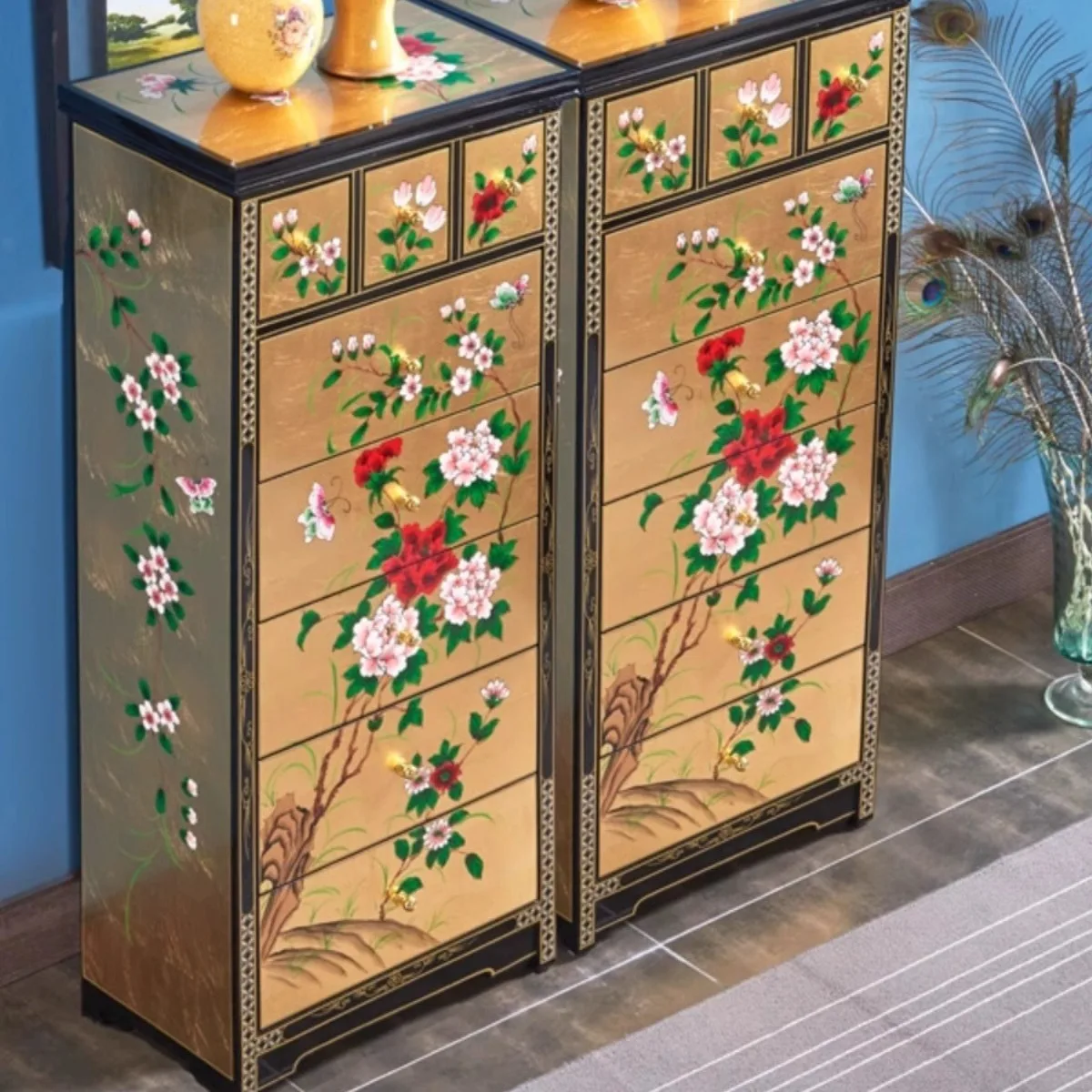 CX Chinese retro gold and silver foil bedroom, storage, solid wood chest of drawers
