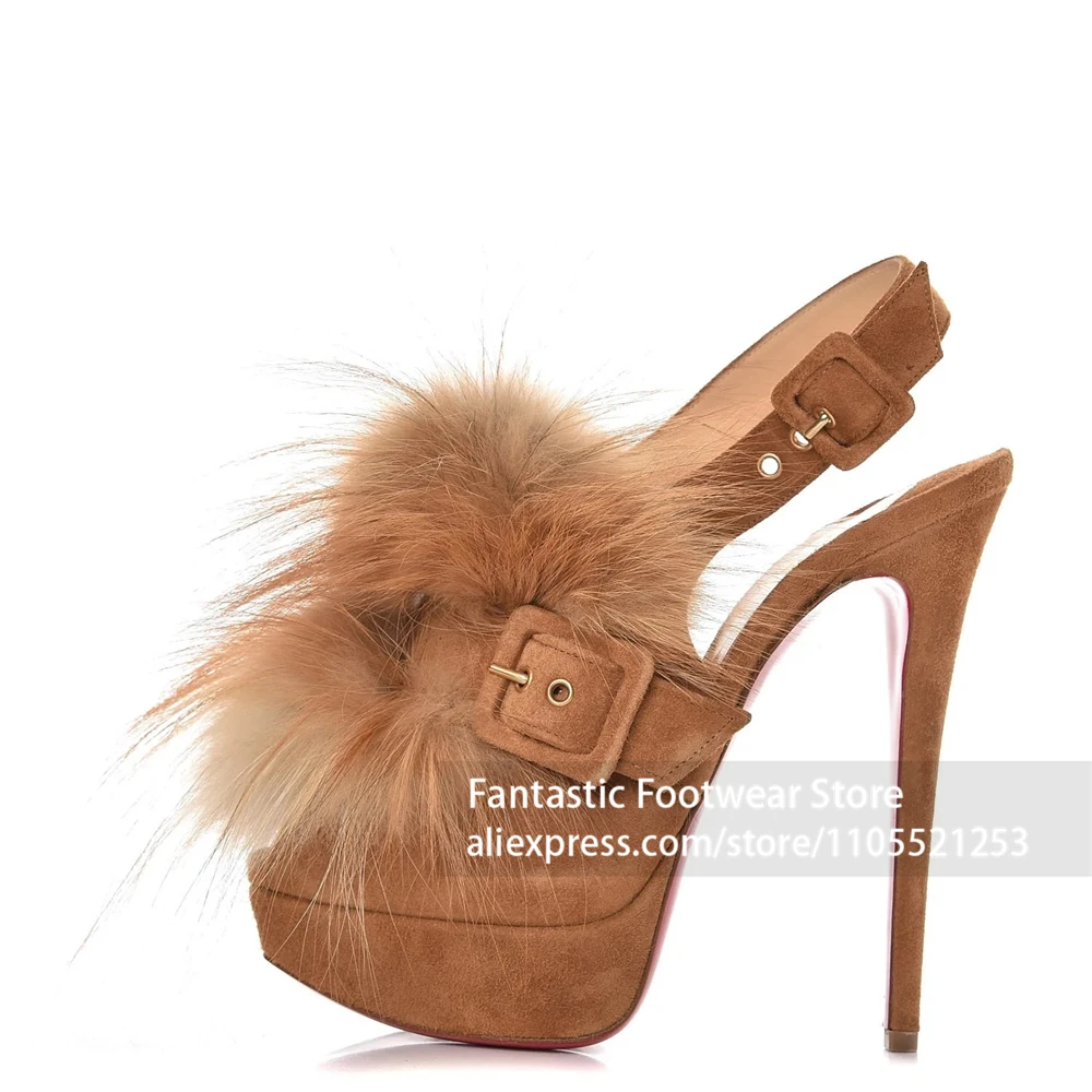 Camel Brown Suede Fluffy Fur Pom Pom Slingback Platform Stiletto Heels Peep Toe Buckle Strap Evening Party Dress Shoes for Women view 5