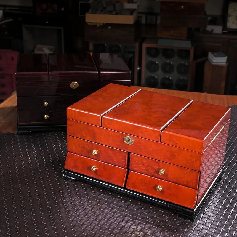 Solid Wood Jewelry Box Retro Necklace Bracelets Storage Box Woman Large Jewellery Boxes with Lock Household Organizer Case